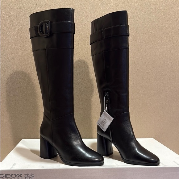 Geox Black Heeled Italian Leather Riding Boots Sleek Design US 8.5 - Picture 1 of 15